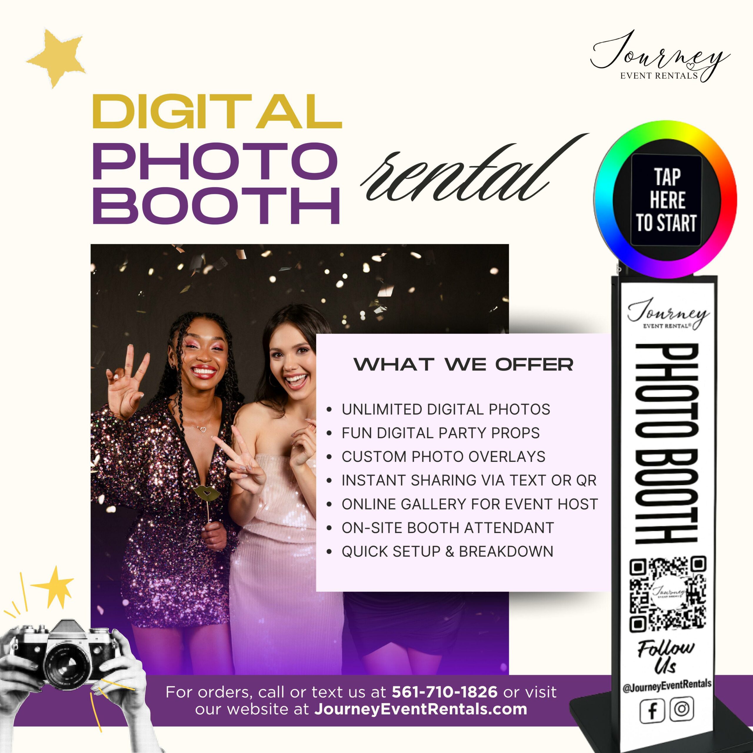Digital Photo Booth Rental - Journey Event Rentals Two women smiling and posing at an event in front of a digital photo booth by Journey Event Rentals, with features like instant sharing, fun props, and custom overlays.
