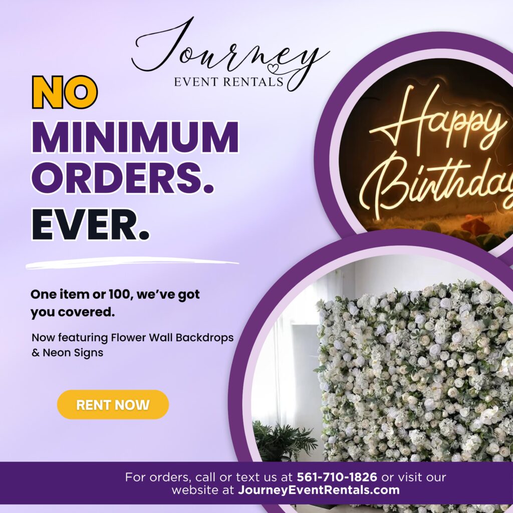 Journey Event Rentals – Flower Wall & Neon Sign Rentals with No Minimum Orders Journey Event Rentals flower wall rental with neon Happy Birthday sign and no minimum order promotion in South Florida