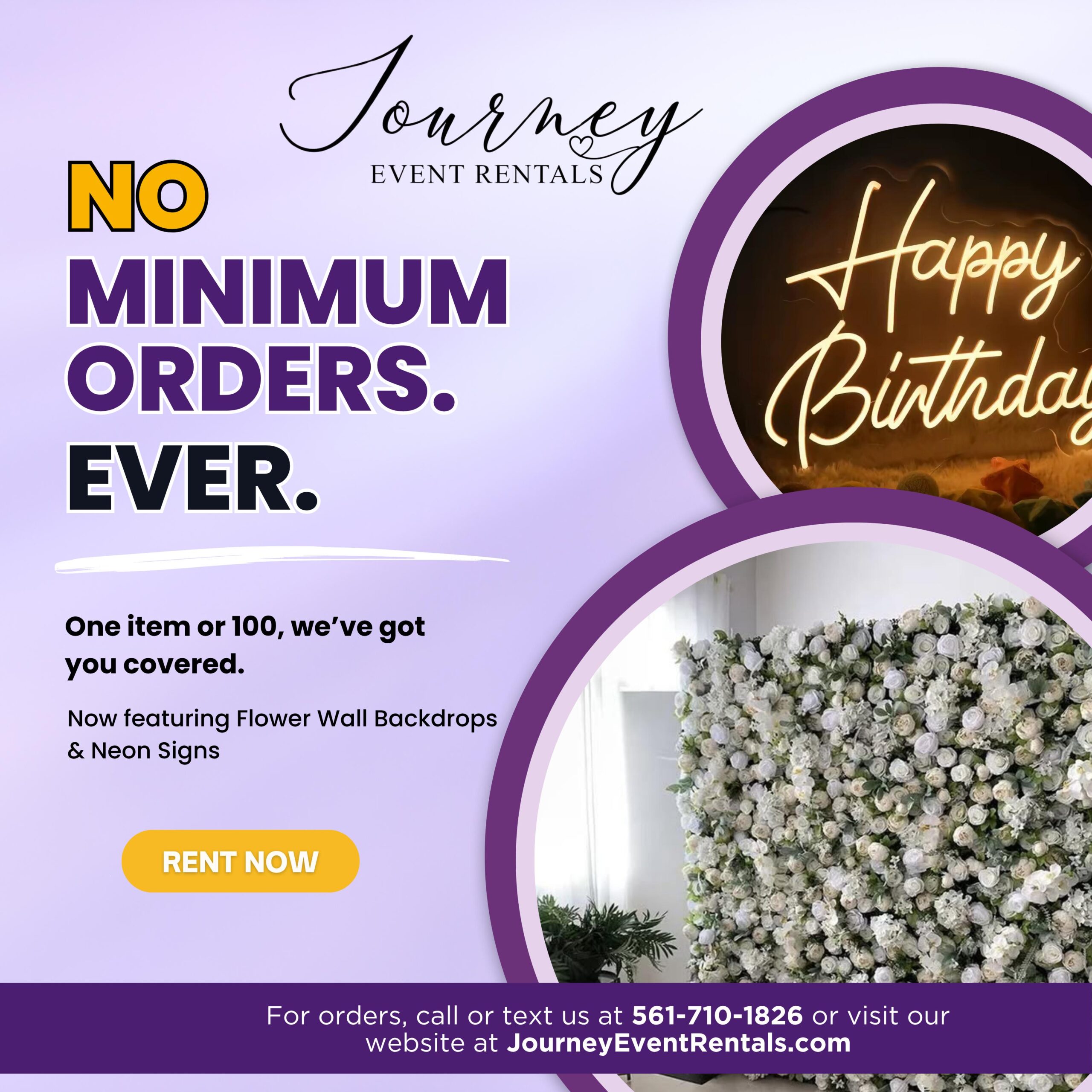 Journey Event Rentals flower wall rental with neon Happy Birthday sign and no minimum order promotion in South Florida