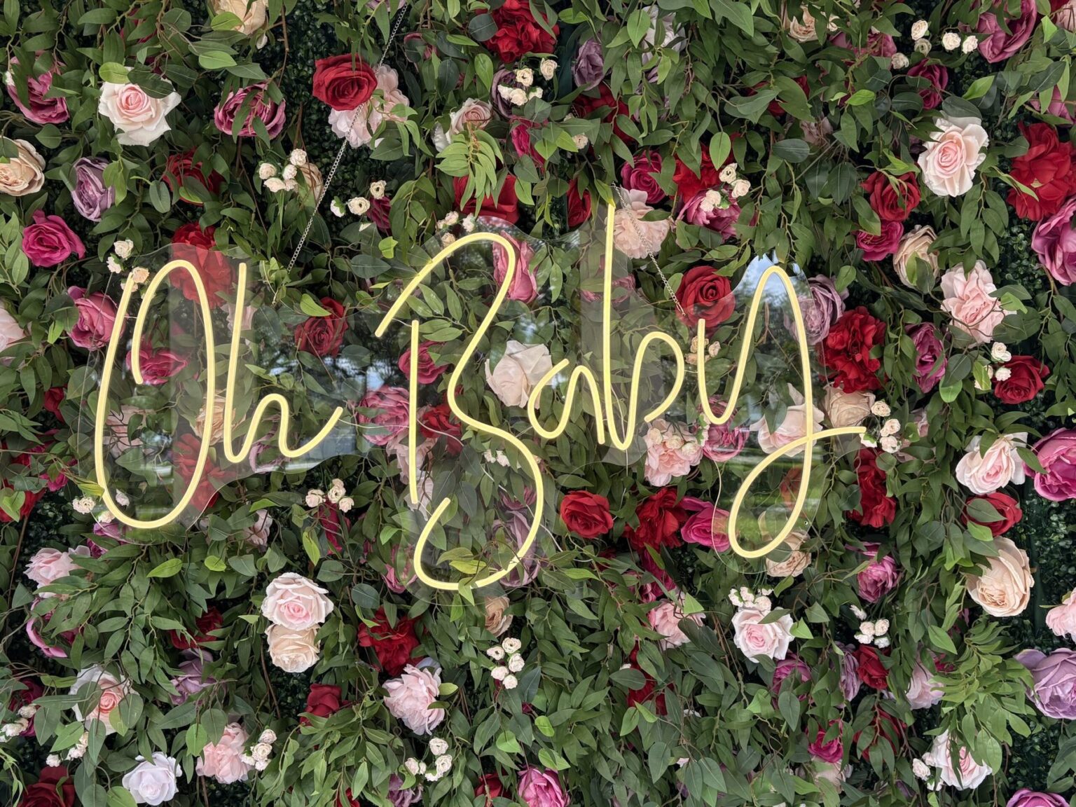 Oh Baby neon sign glowing on a red and pink rose flower wall